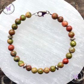 Unakite Bead Bracelet with Silver Discs